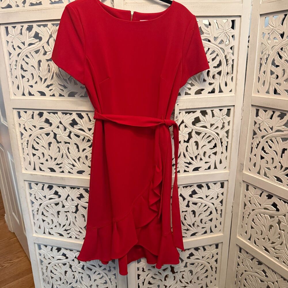 Red Calvin Klein Faux Wrap Front Ruffle Dress New With Tags Size 12